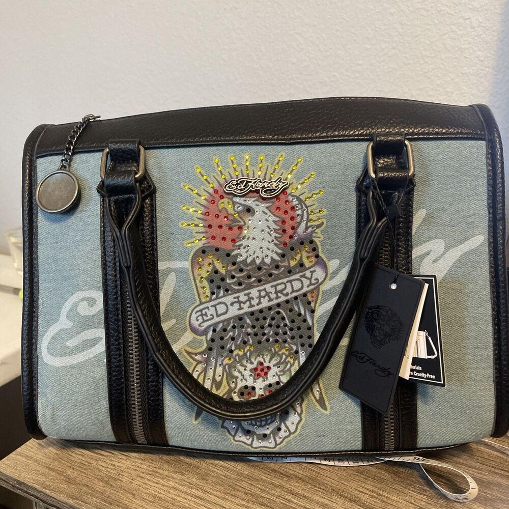 ED HARDY MultiCOLOR Skull EAGLE Rhinestone LOGO Blue DENIM Satchel Purse NWT